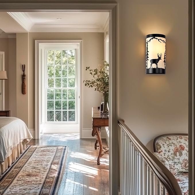 Wall Light Fixtures,Deer Cream White Parchment Rustic Wall Sconces,Farmhouse E26 Base Wall Sconce Light,Industrial Metal Black Sconce,Wall Lamps for Bedroom,Living Room,Hallway,Stairway-Ruum Studio Home
