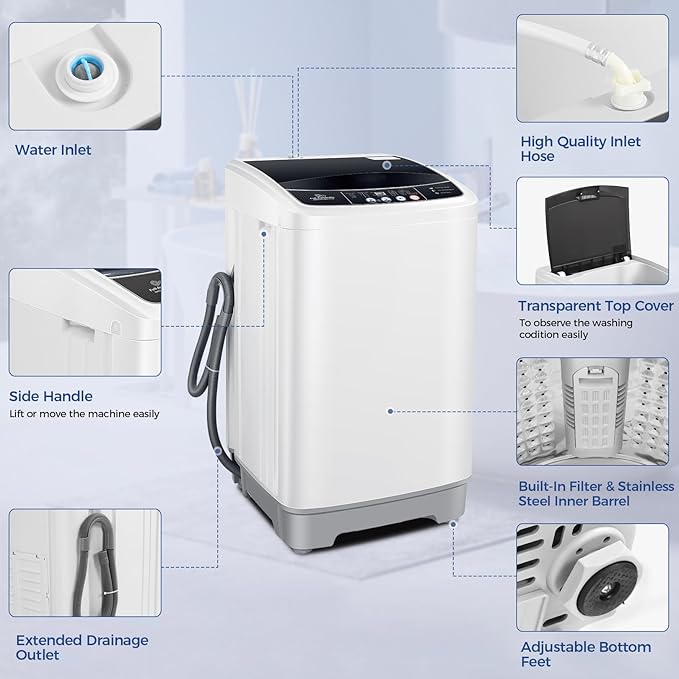 Nictemaw Portable Washing Machine 17.8Lbs Capacity Portable Washer with Drain Pump 2.4Cu.ft Full-Automatic Compact Washer with 10 Programs 8 Water Level for Home, Apartment, RV, Dorms-Ruum Studio Home