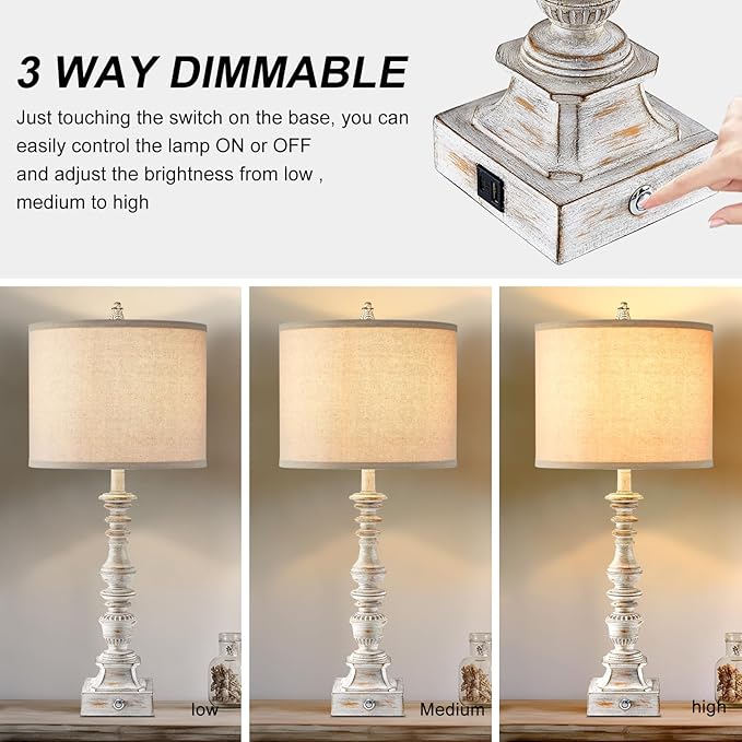 Farmhouse Table Lamps for Bedroom Set of 2 Vintage 3-Way Dimmable Touch Control Nightstand Lamps, Bedside Lamps for Living Room, Traditional Nightstand Lamp End Table lamps 28.5" (Bulbs Included)-Ruum Studio Home