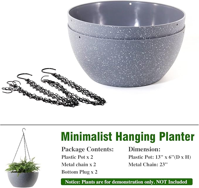 WOUSIWER 13 inch 2 Pack Large Hanging Planters for Indoor Outdoor Plants with Drainage Holes and Chain, Round Hanging Flower Pots for Garden Home Porch Decor, Grey Speckles-Ruum Studio Home