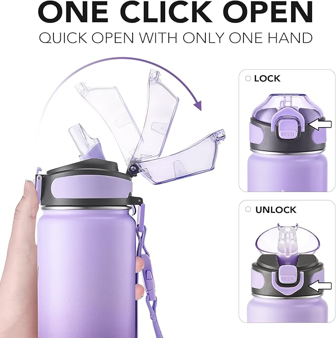 Enerbone 24 oz Insulated Water Bottle, Stainless Steel Bottle with Carrying Strap, Double-Wall Vacuum Insulation Design, Leakproof Sports Bottle with Straw, Keep Drinks Cold or Hot for Hours-Ruum Studio Home