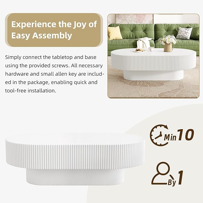 43.3" Oval Fluted Coffee Table Modern Elegant Drum End Table, Minimalist Center Table 7.8" Thick Tabletop with Sturdy Base for Living Room, Bedroom, Apartment,Easy Assembly, White-Ruum Studio Home