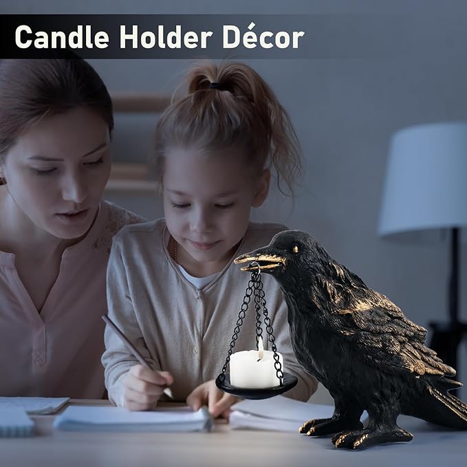 Raven Gothic Home Decor Fake Crow Light Holder Raven Lamp Tealight Candle Holder Resin Raven Statue Wearing Gold-Ruum Studio Home