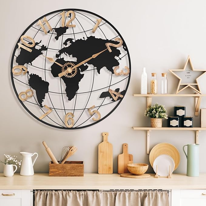 24 Inch Large Wall Clock for Living Room Decor,Big Modern Decorative Silent Metal World Map Wall Clock with Vintage Gold Arabic Numeral for Office,Living Room,Kitchen,Dining Room-Ruum Studio Home