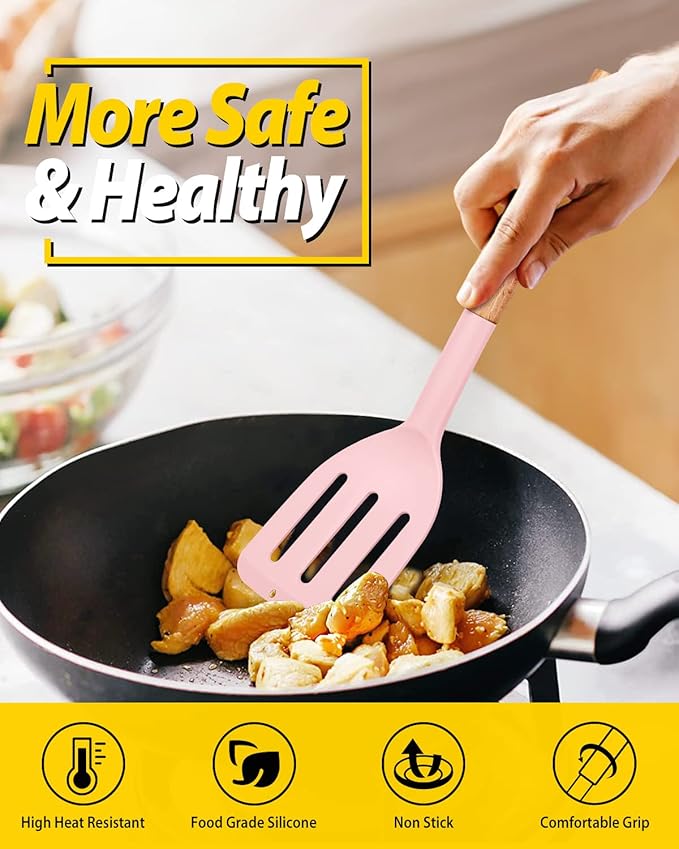 Pack of 2 Silicone Cooking Spatula, Heat Resistant Solid Turner, Non Stick Slotted Spatulas with Wooden Short Handle,Ideal Wood Kitchen Utensils Set for Frying, Baking, Flipping, Turning-Ruum Studio Home