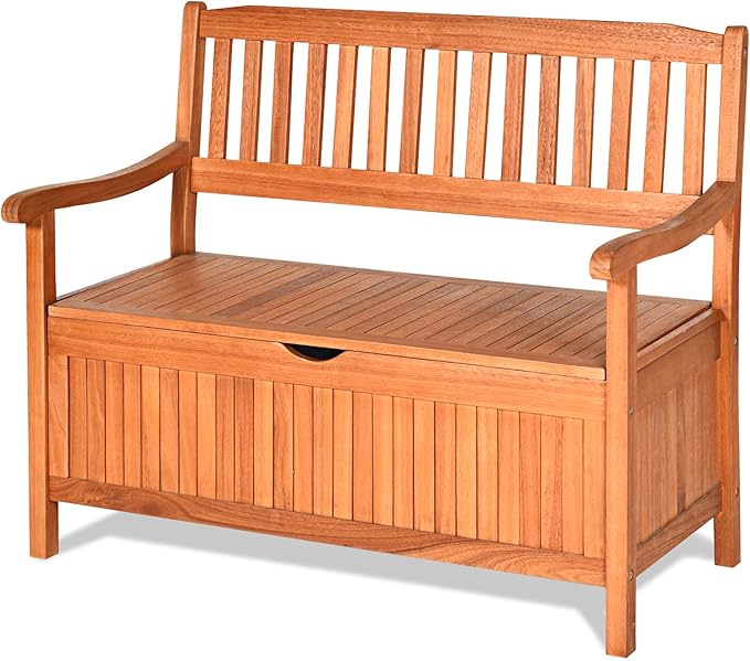 Tangkula Outdoor Wood Storage Bench Deck Box, Entryway Porch Storage Bench with Inner Removable Dust-Proof Lining & Portable Handles, Eucalyptus Wood Loveseat for Garden, Lawn, Balcony & Yard-Ruum Studio Home