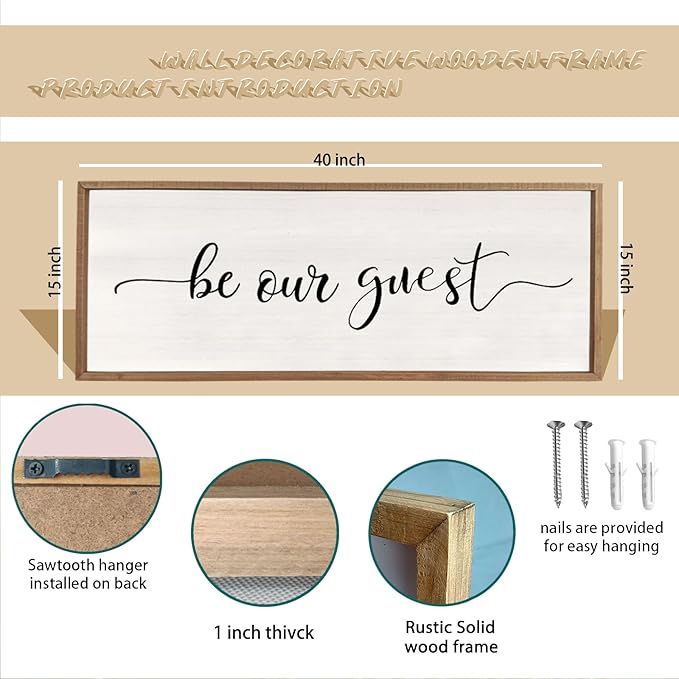 comurdyo Be Our Guest Wall Decor Sign 40”X15” Large Master Bedroom Above Bed Wall Decor Wood Framed Guest Room Sign Simple Rustic Farmhouse Over Bed Bedside Wall Art (Wood)-Ruum Studio Home