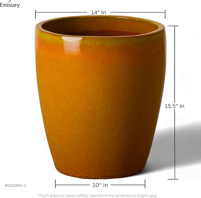 Emissary Bullet 14 in. Bright Orange Ceramic Round Planter (14 in. L x 14 in. W x 15.5 in. H) with Drainage Hole-Ruum Studio Home