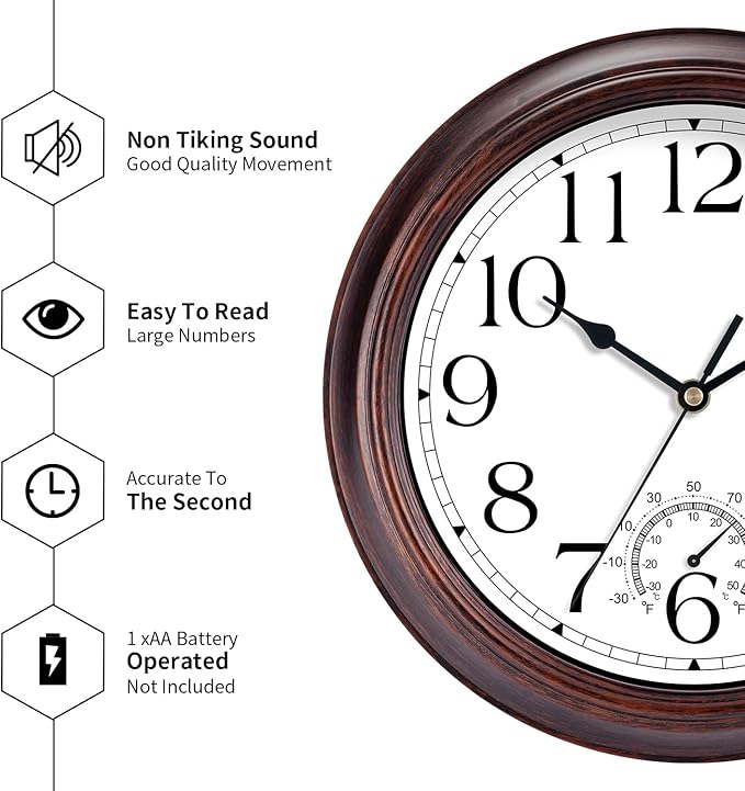 10 Inch Outdoor Wall Clock with Thermometers, Vintage Silent Wall Clocks Battery Operated, Retro Non-Ticking Clock Decorative for Living Room, Patio, Kitchen, Office, Bathroom, Bedroom(Bronze)-Ruum Studio Home
