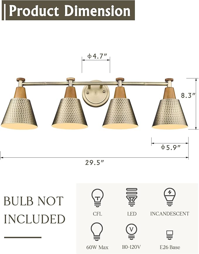 FEMILA Vanity Lights, 4-Lights Bathroom Light Fixtures Over Mirror, Antique Brass Wall Sconces Lamp with Hammered Metal Shade Finish, 4FG59B-4W BG-Ruum Studio Home