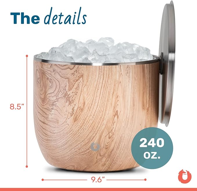 SNOWFOX XL Premium Vacuum Insulated Double Wall Stainless Steel Ice Bucket with Lid/Scoop, Bar Accessories, Large Elegant Party Bucket, Chill Several Bottles, Beautiful Entertaining, 7L, Natural Teak-Ruum Studio Home