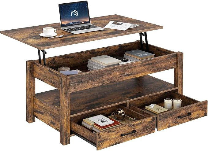 Rolanstar Coffee Table, 47.2" Lift Top Coffee Table with Drawers and Hidden Compartment, Retro Central Table with Wooden Lift Tabletop, for Living Room, Rustic Brown-Ruum Studio Home