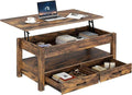 Rolanstar Coffee Table, 47.2" Lift Top Coffee Table with Drawers and Hidden Compartment, Retro Central Table with Wooden Lift Tabletop, for Living Room, Rustic Brown-Ruum Studio Home