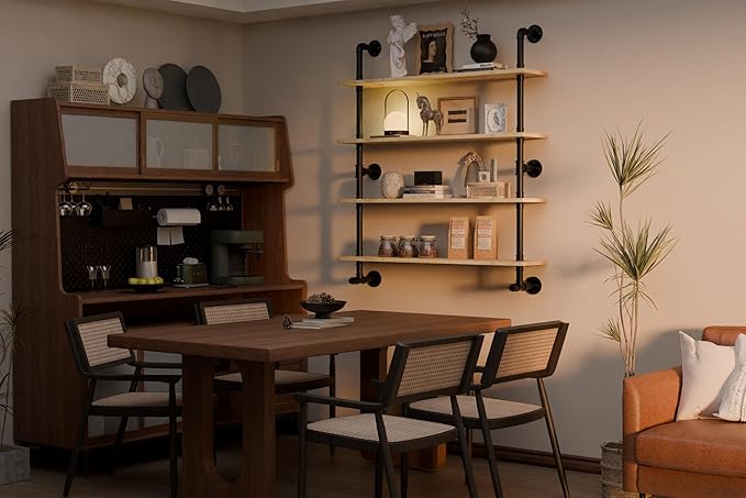 Industrial Pipe Wall Shelves Shelving with Real Wood Plank,48 Inches Floating Shelf for Wall Farmhouse Book Shelves Dark Brown 4 Tier for Kitchen,Living Room Decor and Bar Shelving-Ruum Studio Home