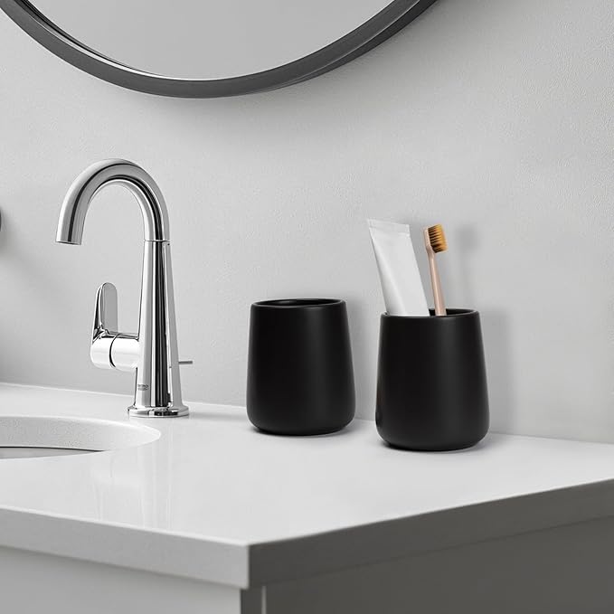 Bathroom Tumbler Cup Ceramic 2Pcs 13.5oz Reusable Toothbrush Cup 400ml, Toothbrush Holder Adequate for Your Bathroom (Black Brown)-Ruum Studio Home