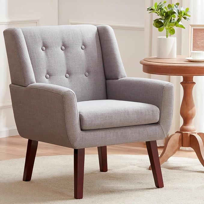 HUIMO Accent Chairs Set of 4, Upholstered Button Tufted Armchair, Linen Fabric Sofa Chairs for Bedroom, Living Room, Mid Century Modern Comfy Reading Chair (4, Light Grey)-Ruum Studio Home