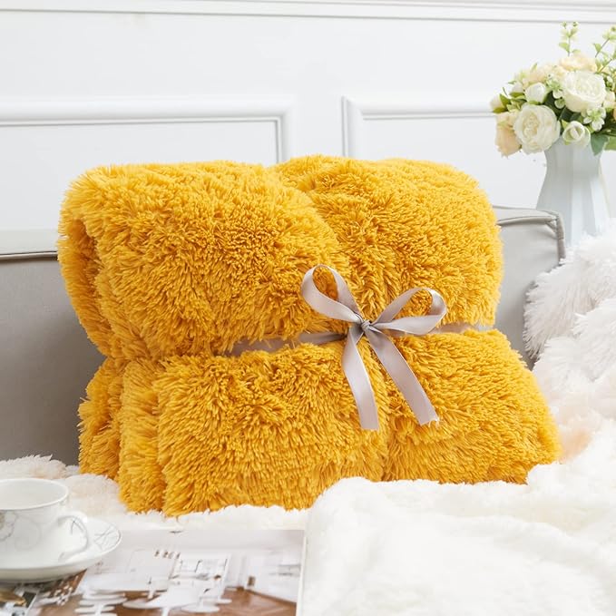 GONAAP Fuzzy Faux Fur Throw Blanket Twin Size Mustard Yellow Super Soft Cozy Plush Fuzzy Shaggy Blanket for Couch Sofa Bed (Mustard Yellow, Twin(60"x80"))-Ruum Studio Home