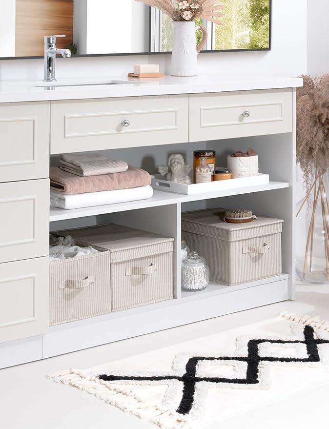 StorageWorks Large Storage Bins with Lids, Decorative Storage Boxes with Lid and Handles, Foldable Storage Baskets for Closet, Shelves, Stackable, Khaki Stripe, 3-Pack-Ruum Studio Home