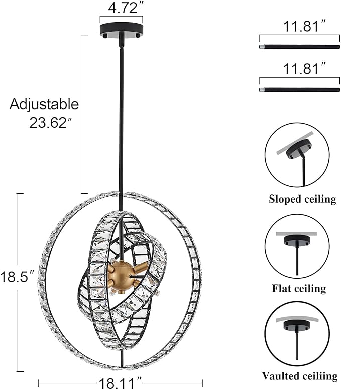 18" Crystal Globe Sputnik Chandelier, 6-Light Black Gold Modern Adjustable Hanging Ceiling Pendant Light Fixture for Entryway Foyer Stairway Bedroom Dining Living Room Hallway-Ruum Studio Home