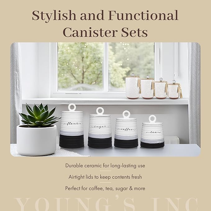 Youngs 21207 Ceramic Canister with Wood Lid and Silicon Seal, Crystal Knob and Blessing Bead Tassel Accent, 4-piece Set-Ruum Studio Home