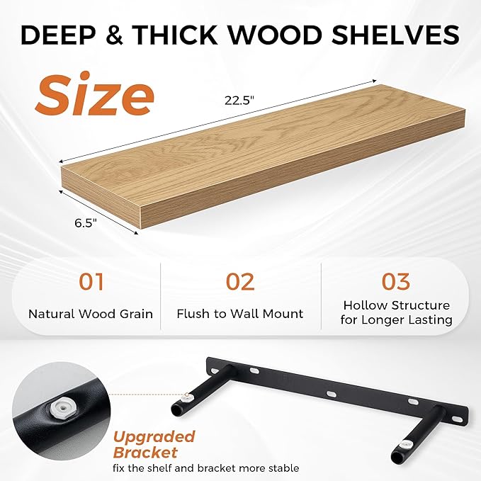 Fun Memories Floating Shelves for Wall, 22.5" Rustic Wood Deep Wall Mounted Shelves with Invisible Brackets for Decor & Storage, Floating Shelf for Living Room, Bathroom (Oak, Set of 2)-Ruum Studio Home