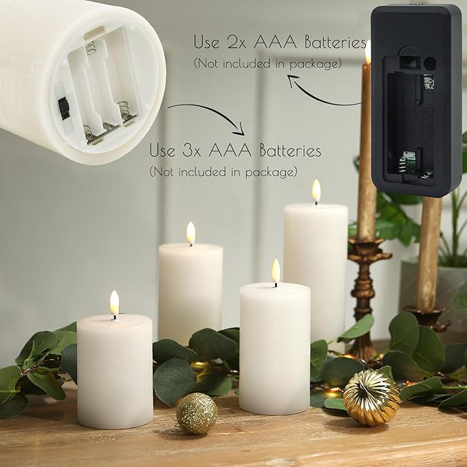 LUSHABOR Flameless Candles, 4 Pack Battery Operated Candles with Remote, Real Wax LED Fake Candles with Timer Flickering for Christmas Wedding Home Party D3 H 5" 6" 7" 9" White-Ruum Studio Home