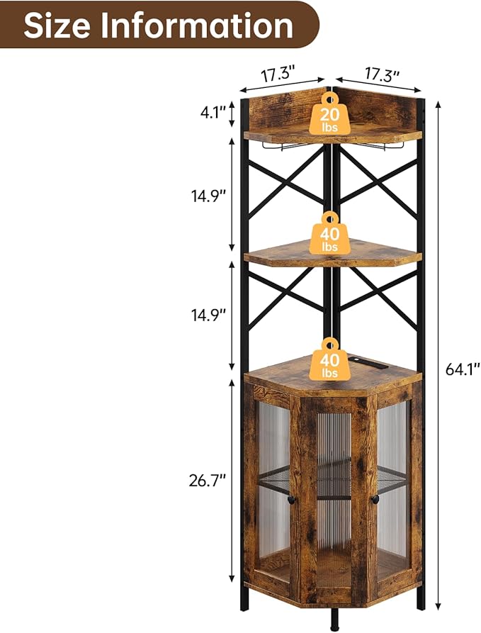 Corner Bar Cabinet with Power Outlet, 5-Tier Corner Wine Cabinet with Led Strip and Glass Holder, Industrial Tall Liquor Cabinet Bar Wine Rack for Home, Rustic Brown-Ruum Studio Home