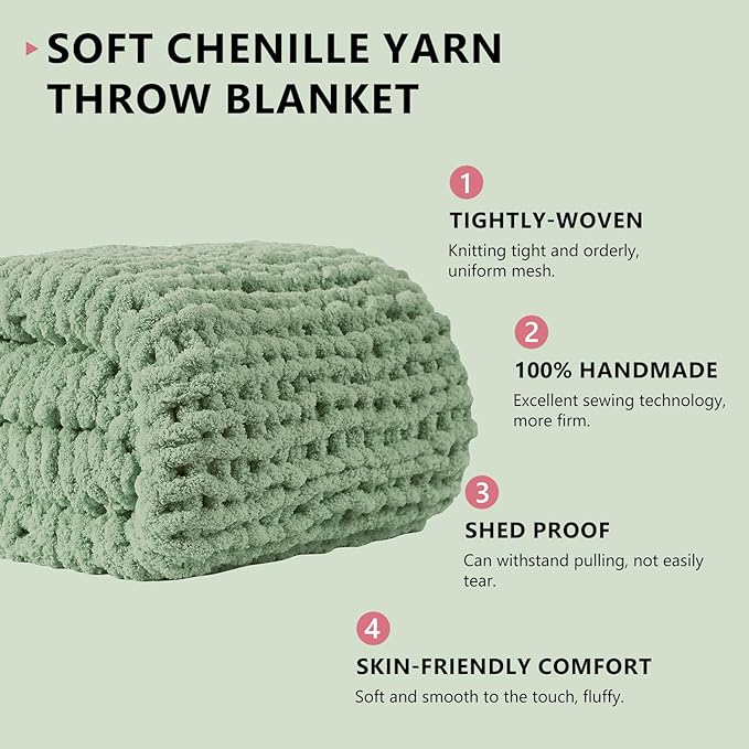L'AGRATY Chunky Knit Blanket Throw - Soft Chunky Throw Blanket 50x60: 100% Hand Kintted Chenile Crochet Throw Blanket for Couch - Large Cable Knit Chunky Blanket for Home Decor(Sage Green)-Ruum Studio Home