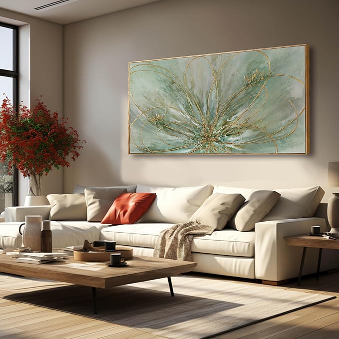 Framed Canvas Prints Gold Line Poster Abstract Wall Ar Green Pictures Wall Decor 29"x 58" Modern Artwork Large Wall Decorations for Living Room Home-Ruum Studio Home