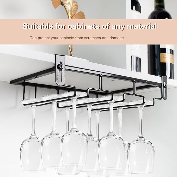 AUHOKY 2Pcs Adjustable Wine Glass Rack Under Cabinet, Punch-Free 3 Rows Stemware Metal Holder, Hanging Glass Storage Hanger Organizer for Shelf Kitchen Bar Decor (3 Rows, Black)-Ruum Studio Home