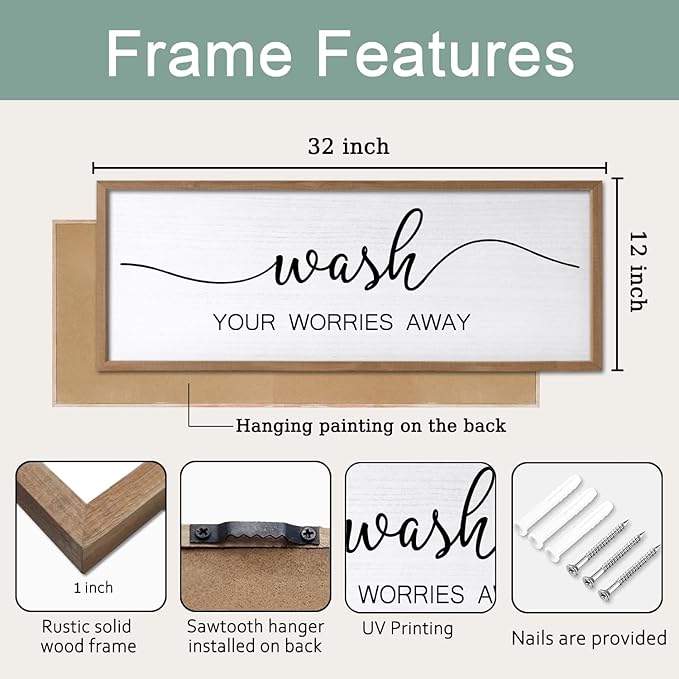 Wash Your Worries Away Wall Art Sign 32"×12" Laundry Room Large Wood Framed Restroom Toilet Wall Decor Hanging (Wood)-Ruum Studio Home