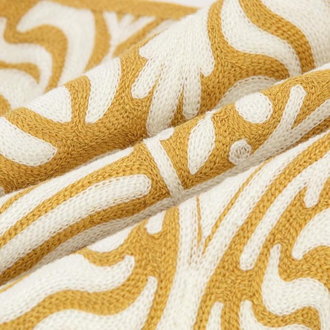 HWY 50 Mustard Yellow Decorative Lumbar Pillow Cover Rectangle 12x20 Inch (1 Piece), Embroidered Cotton Farmhouse Cushion Cover Pillow Case for Sofa Couch Living Room Bed, Minimalist Floral-Ruum Studio Home