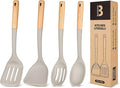 Silicone Cooking Utensils Set, Perfectly Angled for Frying, Mixing,Serving,Draining,Turning and Stirring, BPA-Free Matte Silicone, Wood Handles, Safe for Nonstick Cooking Surfaces,4 Pack (Khaki)-Ruum Studio Home