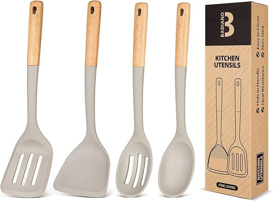 Silicone Cooking Utensils Set, Perfectly Angled for Frying, Mixing,Serving,Draining,Turning and Stirring, BPA-Free Matte Silicone, Wood Handles, Safe for Nonstick Cooking Surfaces,4 Pack (Khaki)-Ruum Studio Home