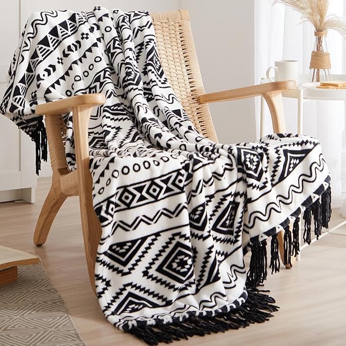 CASAAGUSTO Boho Throw Blanket - Black and White Decorative Blankets with Tassel, Printed Flannel Bohemian Blanket for Chair, Bed, Sofa, Couch(50 * 60, Black and White)-Ruum Studio Home