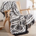 CASAAGUSTO Boho Throw Blanket - Black and White Decorative Blankets with Tassel, Printed Flannel Bohemian Blanket for Chair, Bed, Sofa, Couch(50 * 60, Black and White)-Ruum Studio Home