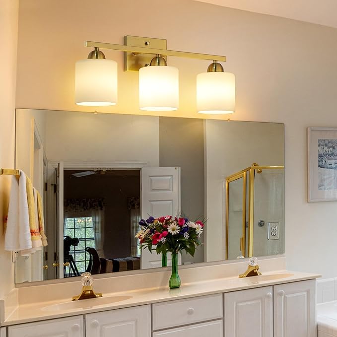 Stainless Steel Milk Glass Vanity Lights for Bathroom, 3 Light Gold Bathroom Light Fixtures Over Mirror, Ceramic E26 Sockets Wall Mounted-Ruum Studio Home