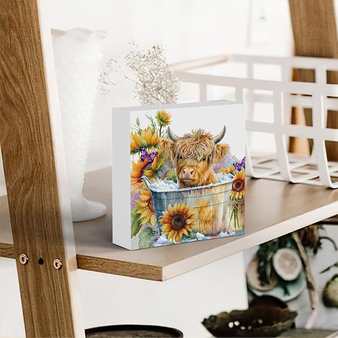 Highland Cow Funny Bathroom Decor, Highland Cow Gifts, Highland Cow Decor,Highland Cow Nursery Decor,Wooden Box Decor Sign for Home Farmhouse Office Living Room Table Shelf Tiered Desk-Ruum Studio Home