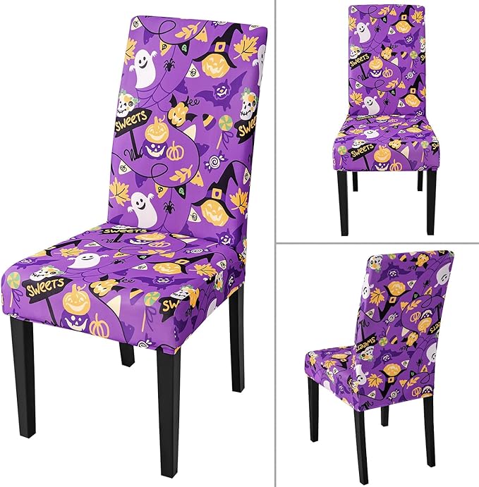 JQinHome Purple Halloween Chair Slipcover, Spider Web Chair Covers Set of 6, High Stretch Washable Chair Protector Cover for Dining Room, Kitchen,Home Party,Wedding Ceremony(Purple Candy,6PC)