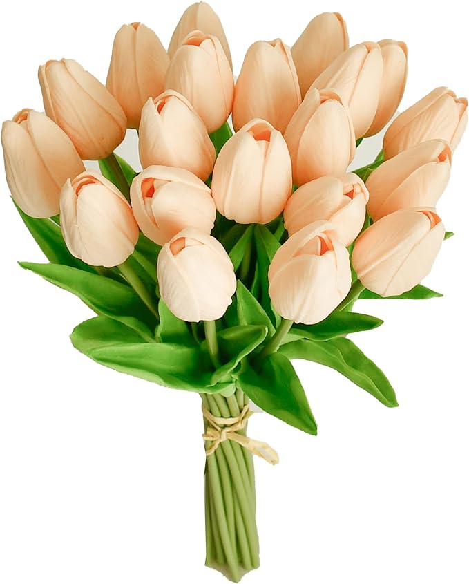 Mandy's Artificial Tulips 20 Stems Champagne PU Faux Flowers for Wedding Home Decor 13.5 Inch-Ruum Studio Home