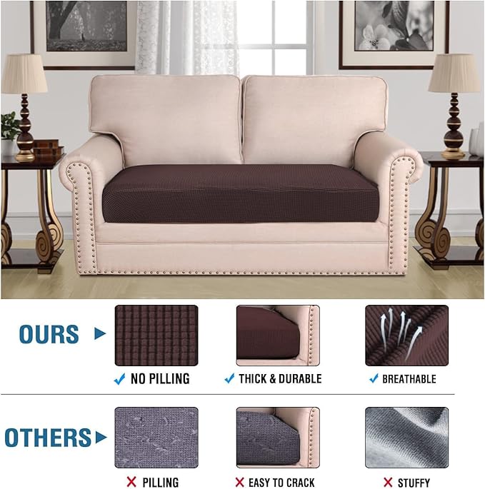 H.VERSAILTEX Super Stretch Individual Seat Cushion Covers Sofa Covers Couch Cushion Covers Slipcover Sets Thick Jacquard Textured Twill Fabric (1 Piece Loveseat Cushion Cover, Chocolate)-Ruum Studio Home