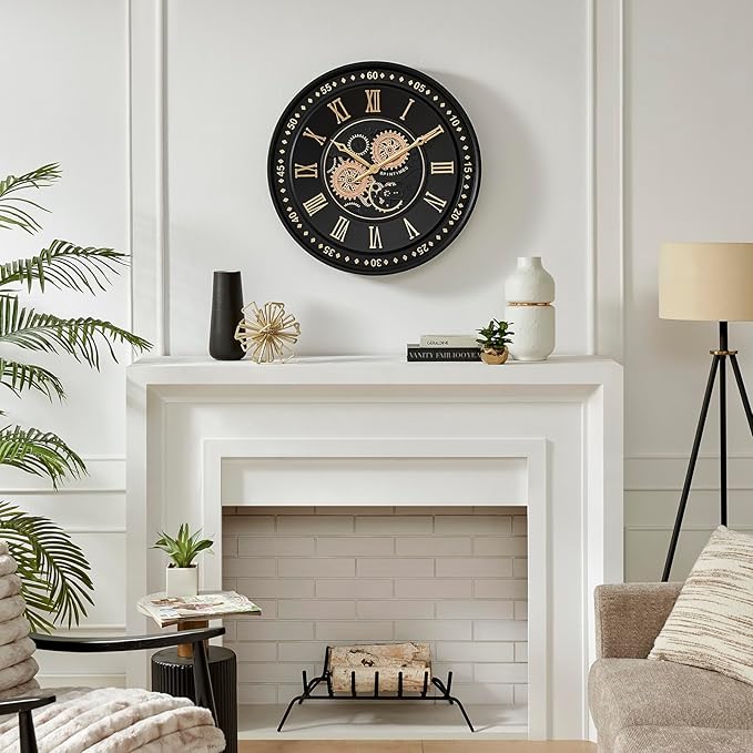 CLXEAST 24 Inch Wall Clock with Moving Gears, Black Gold Roman Numeral Wall Clocks for Modern Farmhouse Living Room Decor,House Warming Gifts New Home-Ruum Studio Home