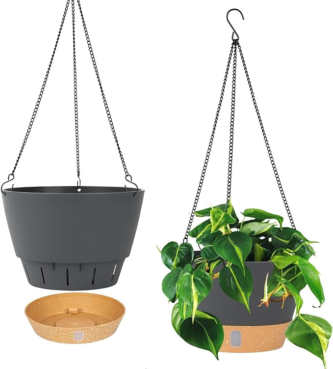 QCQHDU 2 Pack Hanging Planters for Indoor Outdoor Plants, 10 Inch Hanging Baskets Flower Pots with Reservoir Tray & Visible Water-Level-Ruum Studio Home