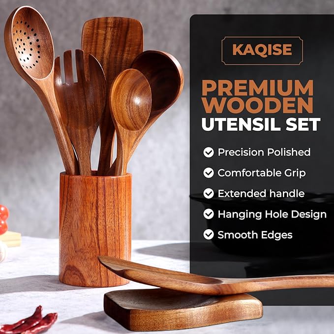 Wooden Spoons for Cooking, Kitchen Utensils Set, Wood Spatulas Soup Ladle Serving Spoons Teak Wooden Utensil Set（8 Pieces ）-Ruum Studio Home