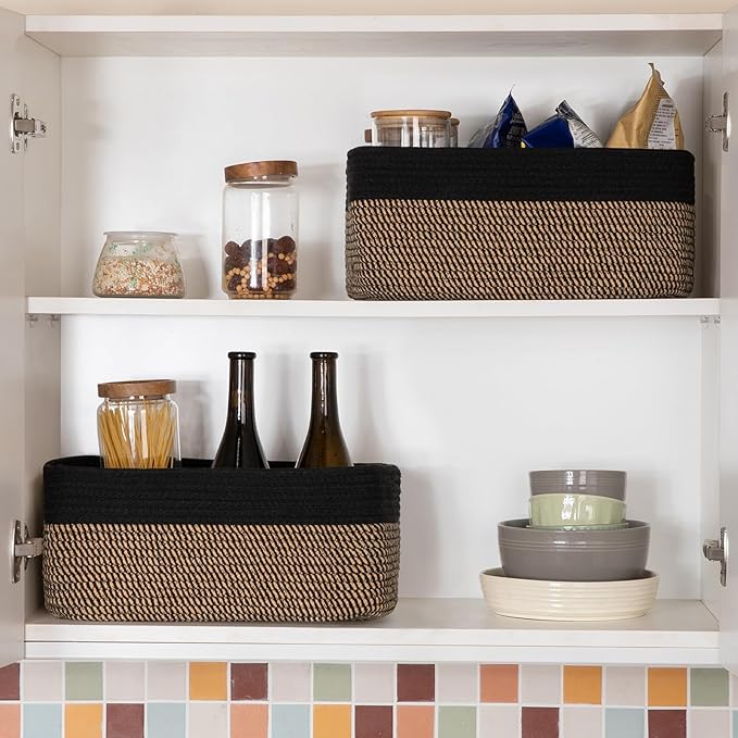 Storage Baskets for Organizing 3 Pack, Woven Baskets for Shelves, Closet Organizer Bins Empty Gift Basket Toy Storage for Toys, Books, Towels, Clothes, 15"x11.42"x6.7", Black & Yellow-Ruum Studio Home