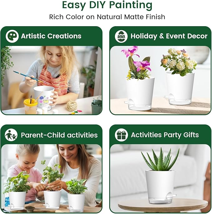 4 inch Self Watering Pots for Indoor Plants, 5 Pack Small Flower Plant Pots with Drainage Holes and Clear Reservoirs, Visible Water Level, Plastic Planters with Wicking Rope, White-Ruum Studio Home