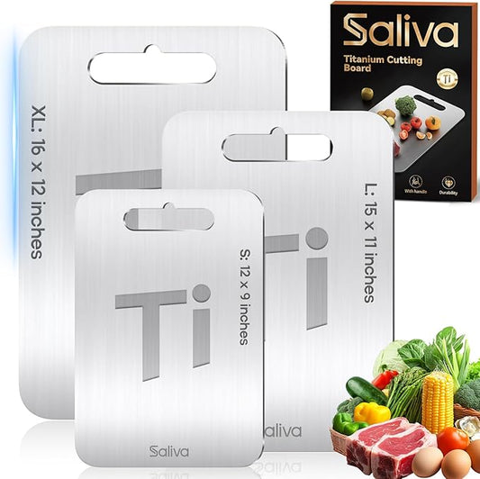 Saliva 3pcs Titanium Cutting Boards for Kitchen, Titanium Cutting Board Set of 3, Non Toxic Double Sided Food Grade, Dishwasher Safe, No Blunt Knife, Chopping Boards with Handle for Meat & Vegetable-Ruum Studio Home
