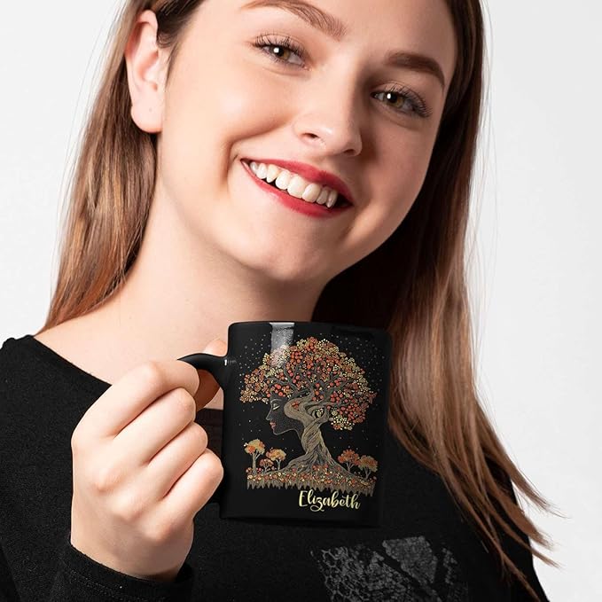 Custom Name Coffee Mug 11oz 15oz, Unique Nature Inspired Coffee Cup for Women, Personalized Vibrant Nature Themed Black Cup, Artistic Tree Ceramic Mug, Gifts for Women's Day-Ruum Studio Home