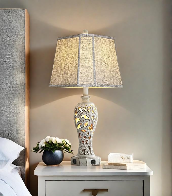 25'' Farmhouse Table Lamp for Living Room Bedroom, 2 USB Ports Vintage Rustic Nightstand Desk Lamp with Nightlight, White Hollow Out Resin Lamp for End Table (Bulb Included)-Ruum Studio Home