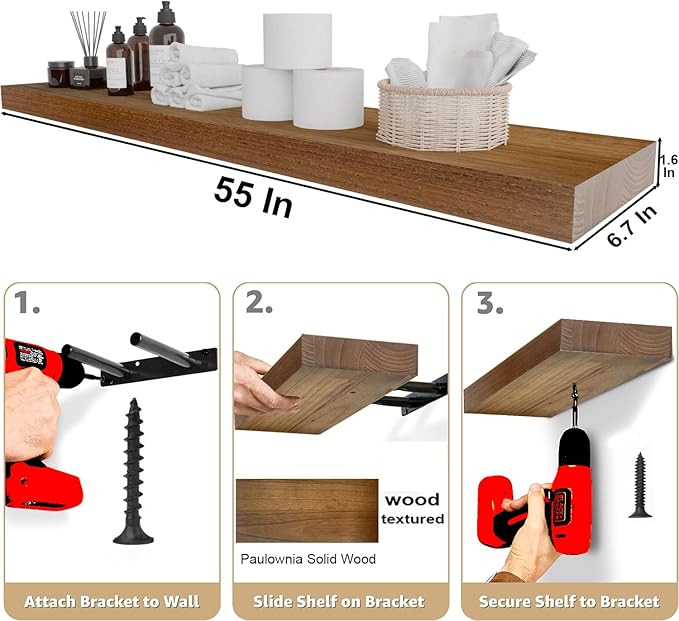 IAE Walnut Floating Wall Shelves 55 inch, Bathroom Shelves Wall Mounted,Invisible Shelves Floating Kitchen Shelves,Wooden Wall Shelves with Brackets for Living Room Wall Mounted,Easy Install,Set of 2-Ruum Studio Home